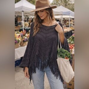 Earthbound Boho Fringe Knit Poncho Top | Open Weave | Size Large